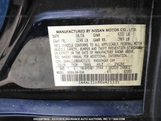 1N4AL11D86N421131 - 2006 NISSAN ALTIMA S/SL BLUE photo 9