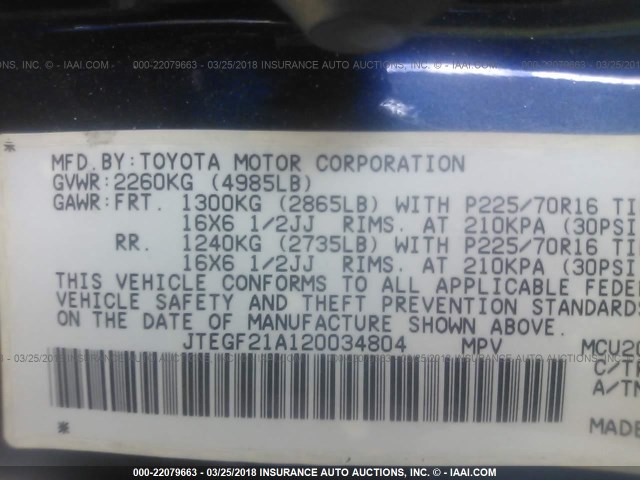 JTEGF21A120034804 - 2002 TOYOTA HIGHLANDER LIMITED BLUE photo 9