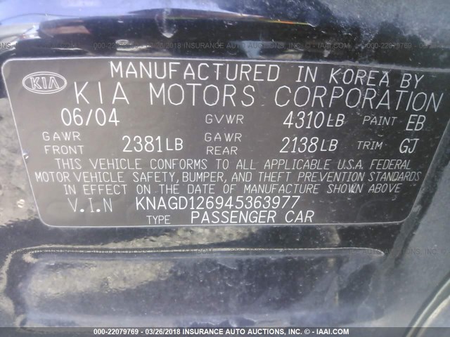 KNAGD126945363977 - 2004 KIA OPTIMA LX/EX BLACK photo 9