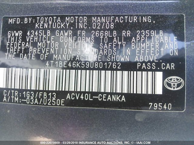 4T1BE46K59U801762 - 2009 TOYOTA CAMRY SE/LE/XLE GRAY photo 9