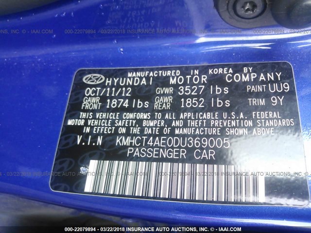 KMHCT4AE0DU369005 - 2013 HYUNDAI ACCENT GLS/GS BLUE photo 9