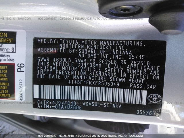 4T4BF1FKXFR505049 - 2015 TOYOTA CAMRY LE/XLE/SE/XSE ვერცხლისფერი ფოტო 9