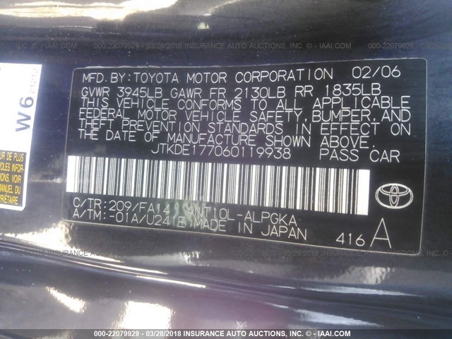 JTKDE177060119938 - 2006 TOYOTA SCION TC 黑色 照片 9