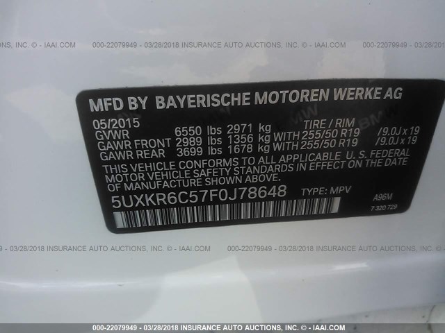 5UXKR6C57F0J78648 - 2015 BMW X5 XDRIVE50I WHITE photo 9