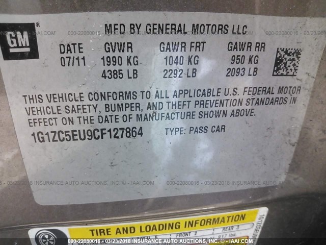 1G1ZC5EU9CF127864 - 2012 CHEVROLET MALIBU 1LT 香槟色 照片 9