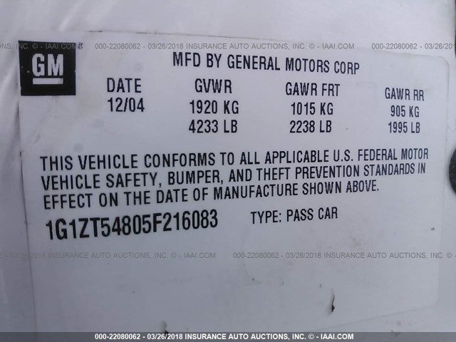 1G1ZT54805F216083 - 2005 CHEVROLET MALIBU LS 白色 照片 9