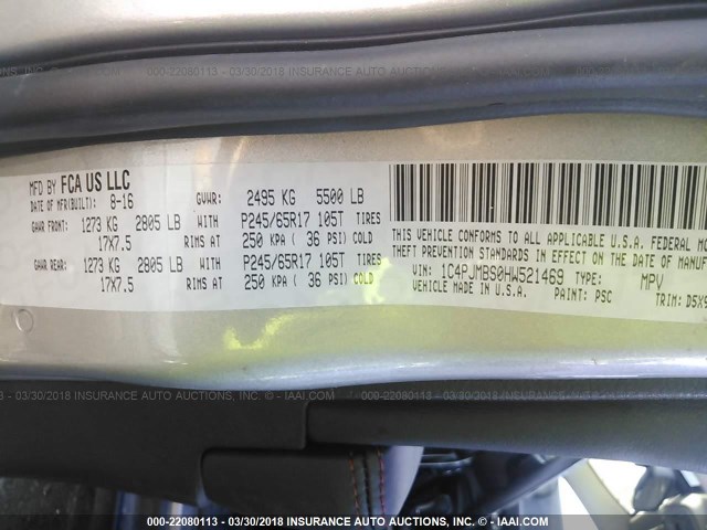 1C4PJMBS0HW521469 - 2017 JEEP CHEROKEE TRAILHAWK 银色 照片 9