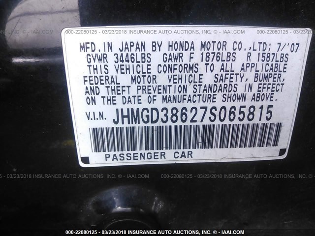 JHMGD38627S065815 - 2007 HONDA FIT S BLACK photo 9