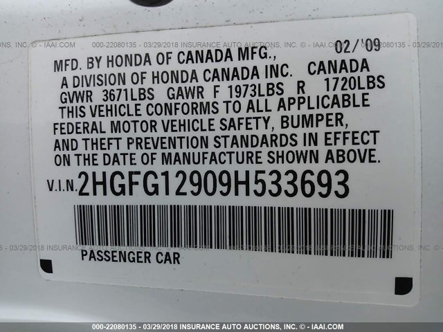 2HGFG12909H533693 - 2009 HONDA CIVIC EXL WHITE photo 9