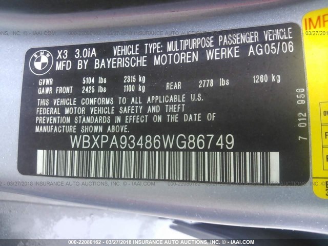 WBXPA93486WG86749 - 2006 BMW X3 3.0I BLUE photo 9