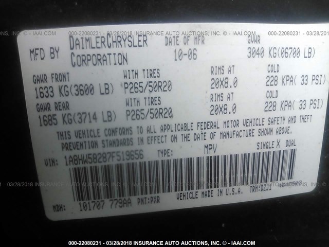 1A8HW58287F519656 - 2007 CHRYSLER ASPEN LIMITED BLACK photo 9