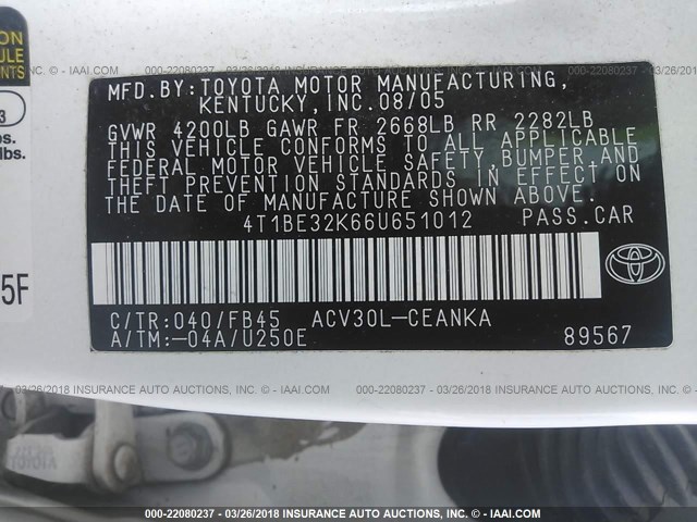 4T1BE32K66U651012 - 2006 TOYOTA CAMRY LE/XLE/SE WHITE photo 9