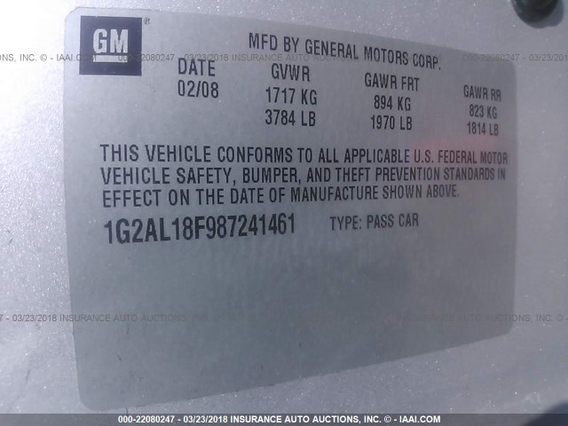 1G2AL18F987241461 - 2008 PONTIAC G5 SILVER photo 9