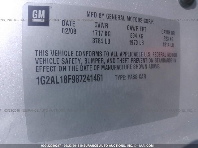 1G2AL18F987241461 - 2008 PONTIAC G5 SILVER photo 9