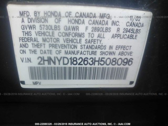 2HNYD18263H508096 - 2003 ACURA MDX BLUE photo 9