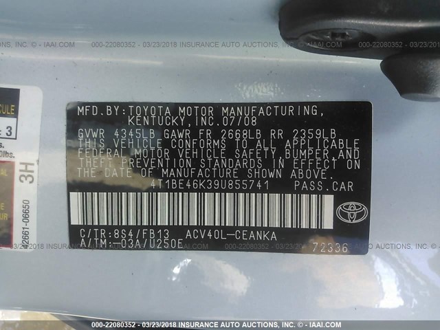 4T1BE46K39U855741 - 2009 TOYOTA CAMRY SE/LE/XLE Light Blue photo 9