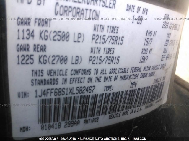 1J4FF68S1XL582467 - 1999 JEEP CHEROKEE SPORT/CLASSIC მწვანე ფოტო 9