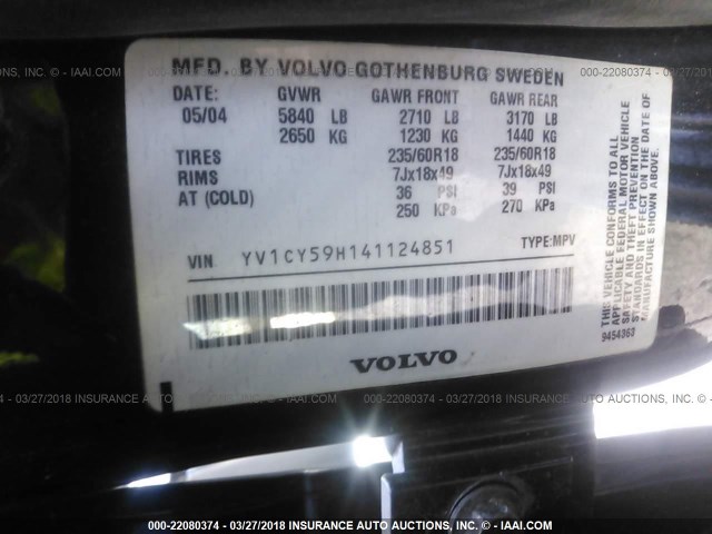 YV1CY59H141124851 - 2004 VOLVO XC90 BLACK photo 9