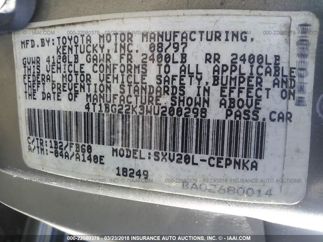 4T1BG22K3WU200298 - 1998 TOYOTA CAMRY CE/LE/XLE 棕色 照片 9