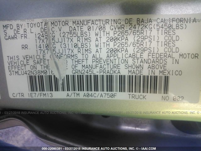 3TMLU42N38M016963 - 2008 TOYOTA TACOMA DOUBLE CAB ვერცხლისფერი ფოტო 9