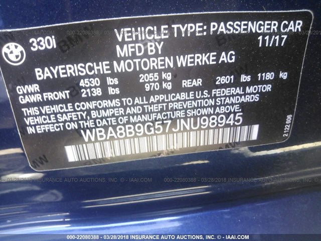 WBA8B9G57JNU98945 - 2018 BMW 330 I მუქი ლურჯი ფოტო 9