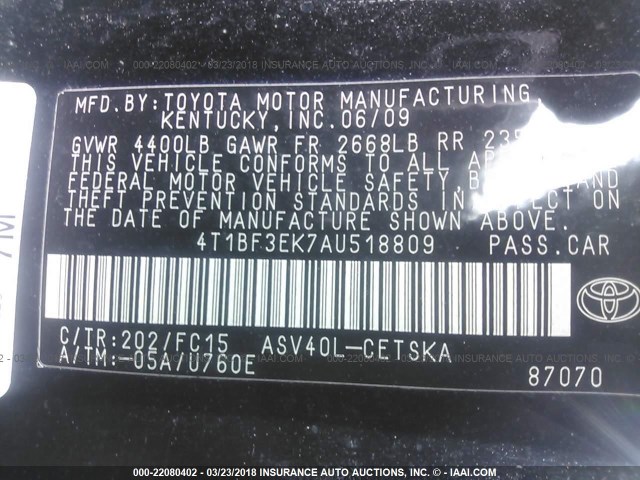 4T1BF3EK7AU518809 - 2010 TOYOTA CAMRY SE/LE/XLE BLACK photo 9