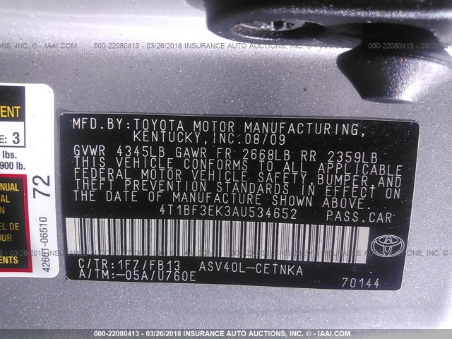 4T1BF3EK3AU534652 - 2010 TOYOTA CAMRY SE/LE/XLE SILVER photo 9
