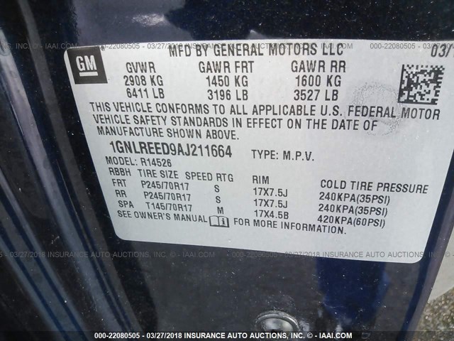 1GNLREED9AJ211664 - 2010 CHEVROLET TRAVERSE LS BLUE photo 9