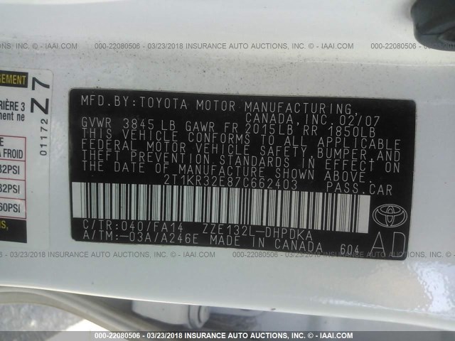 2T1KR32E87C662403 - 2007 TOYOTA COROLLA MATRIX XR WHITE photo 9