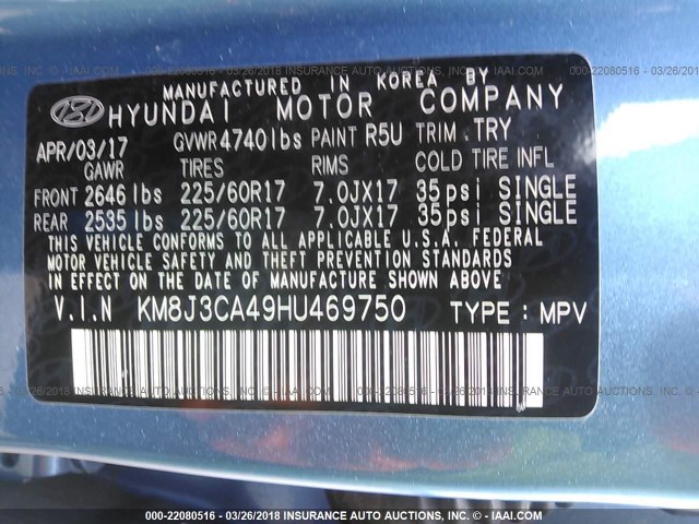 KM8J3CA49HU469750 - 2017 HYUNDAI TUCSON LIMITED/SPORT AND ECO/SE BLUE photo 9
