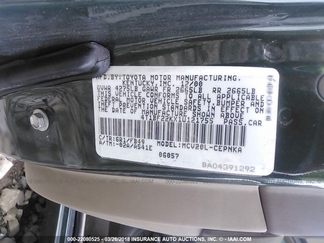 4T1BF22KX1U121755 - 2001 TOYOTA CAMRY LE/XLE GREEN photo 9