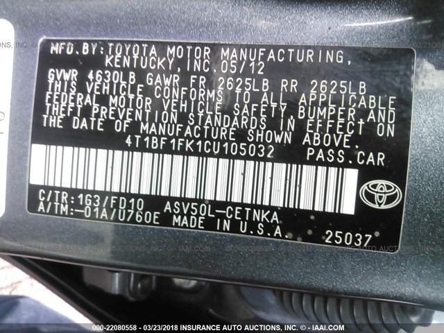 4T1BF1FK1CU105032 - 2012 TOYOTA CAMRY SE/LE/XLE Серый фото 9