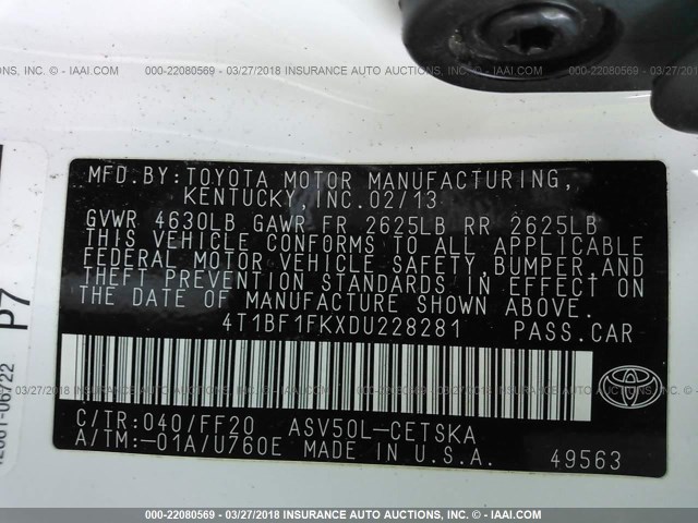 4T1BF1FKXDU228281 - 2013 TOYOTA CAMRY L/SE/LE/XLE თეთრი ფოტო 9