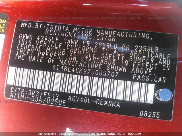 4T1BE46K97U005707 - 2007 TOYOTA CAMRY NEW GENERAT CE/LE/XLE/SE RED photo 9