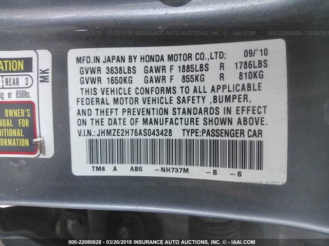 JHMZE2H76AS043428 - 2010 HONDA INSIGHT EX GRAY photo 9