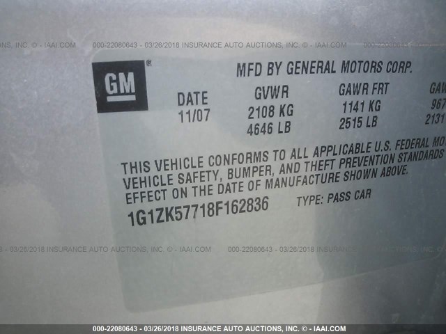 1G1ZK57718F162836 - 2008 CHEVROLET MALIBU LTZ 银色 照片 9
