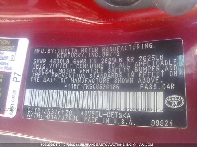 4T1BF1FK6CU620186 - 2012 TOYOTA CAMRY SE/LE/XLE RED photo 9