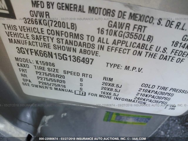 3GYFK66N15G136497 - 2005 CADILLAC ESCALADE ESV SILVER photo 9