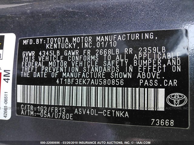 4T1BF3EK7AU580856 - 2010 TOYOTA CAMRY SE/LE/XLE GRAY photo 9