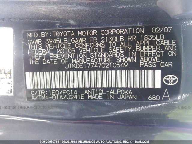 JTKDE177470210549 - 2007 TOYOTA SCION TC 灰色 照片 9
