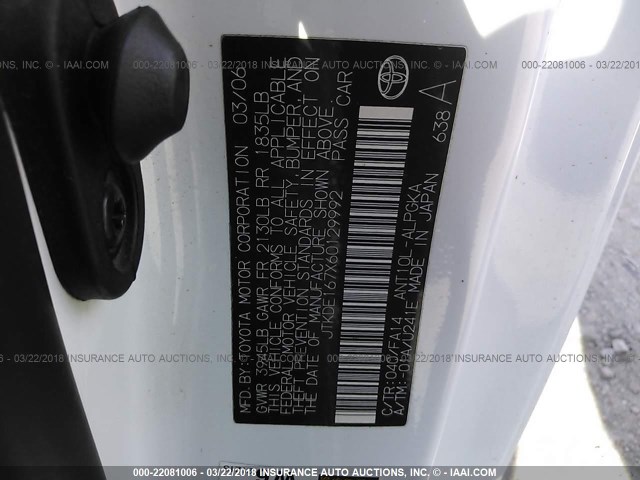 JTKDE167X60129992 - 2006 TOYOTA SCION TC 白色 照片 9