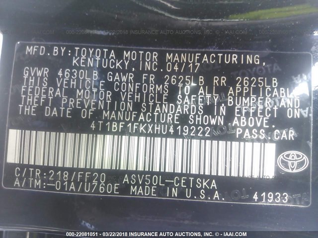 4T1BF1FKXHU419222 - 2017 TOYOTA CAMRY LE/XLE/SE/XSE BLACK photo 9