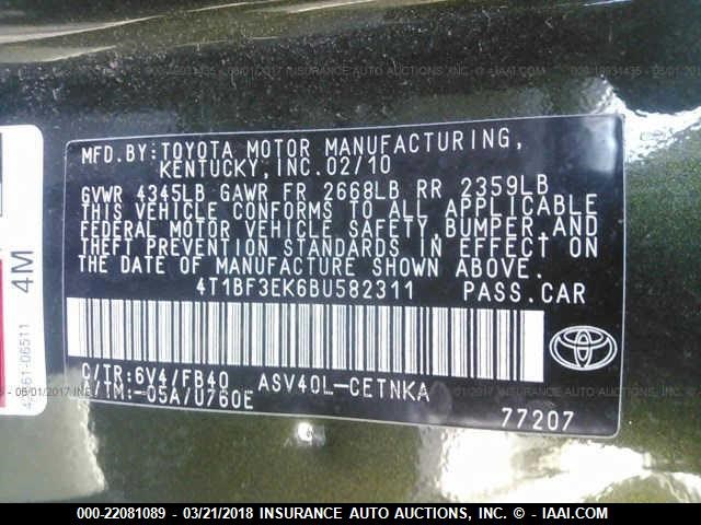 4T1BF3EK6BU582311 - 2011 TOYOTA CAMRY SE/LE/XLE GREEN photo 9