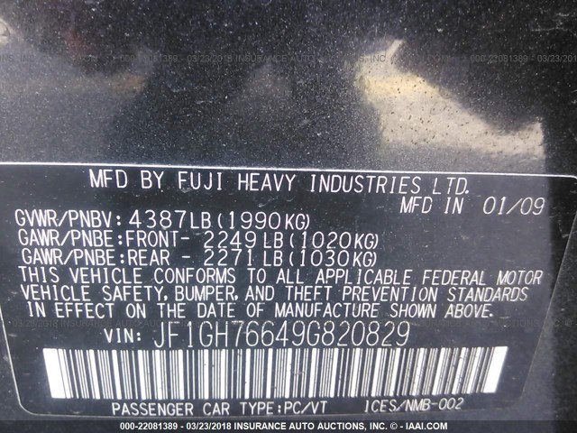 JF1GH76649G820829 - 2009 SUBARU IMPREZA WRX GRAY photo 9