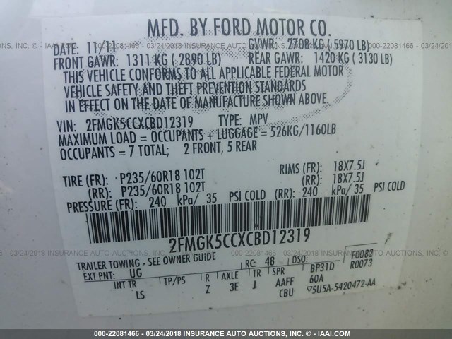 2FMGK5CCXCBD12319 - 2012 FORD FLEX SEL WHITE photo 9