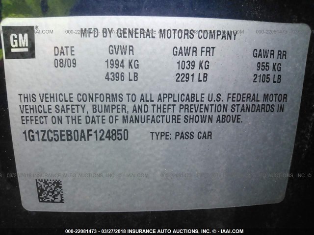 1G1ZC5EB0AF124850 - 2010 CHEVROLET MALIBU 1LT ლურჯი ფოტო 9