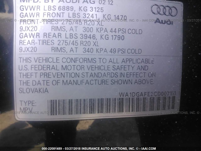 WA1DGAFE2CD007111 - 2012 AUDI Q7 PRESTIGE 黑色 照片 9