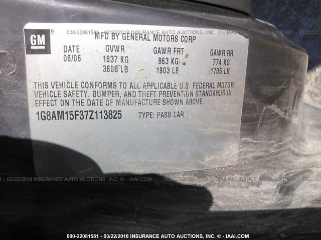 1G8AM15F37Z113825 - 2007 SATURN ION LEVEL 2 BLUE photo 9