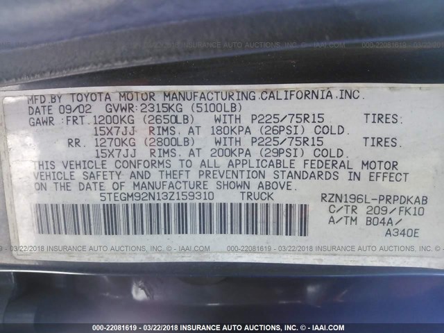 5TEGM92N13Z159310 - 2003 TOYOTA TACOMA DOUBLE CAB PRERUNNER BLACK photo 9