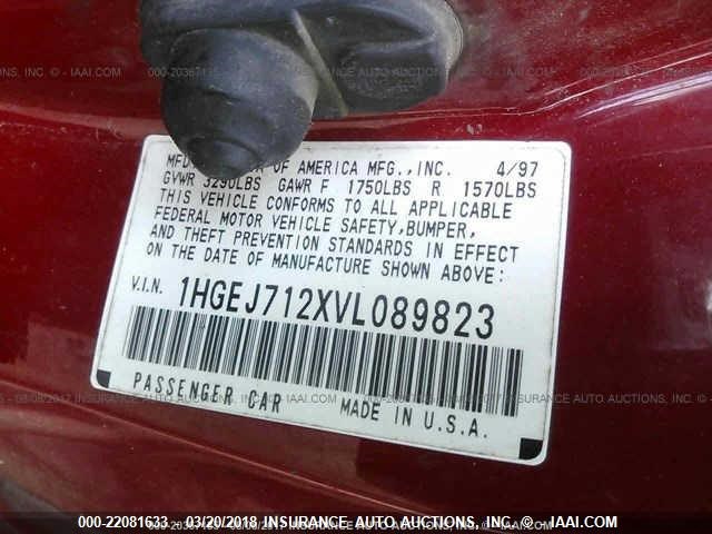 1HGEJ712XVL089823 - 1997 HONDA CIVIC HX RED photo 9